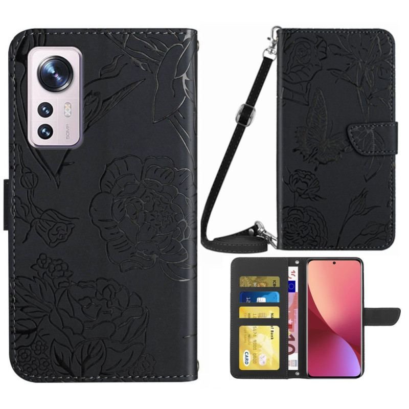 Flip Cover Xiaomi 12 / 12X Sommerfugle Og Skulderrem