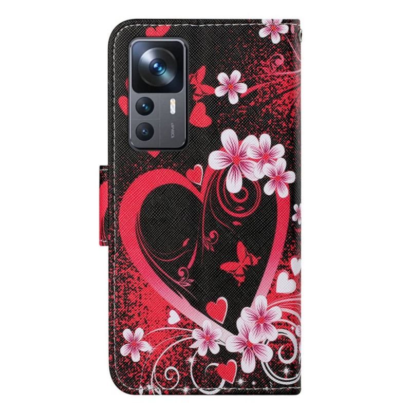 Flip Cover Xiaomi 12T / 12T Pro Blomster Og Hjerter Med Snor