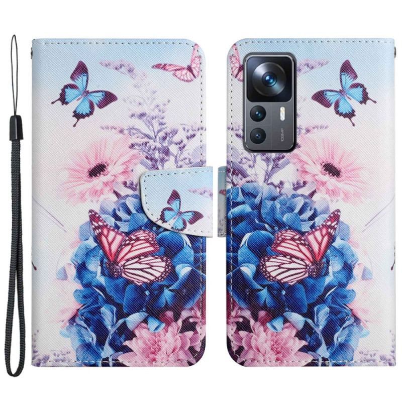 Flip Cover Xiaomi 12T / 12T Pro Blomstersommerfugle Med Snor