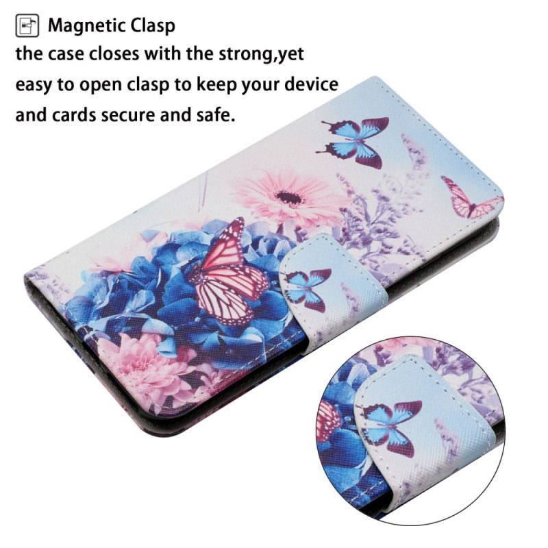 Flip Cover Xiaomi 12T / 12T Pro Blomstersommerfugle Med Snor