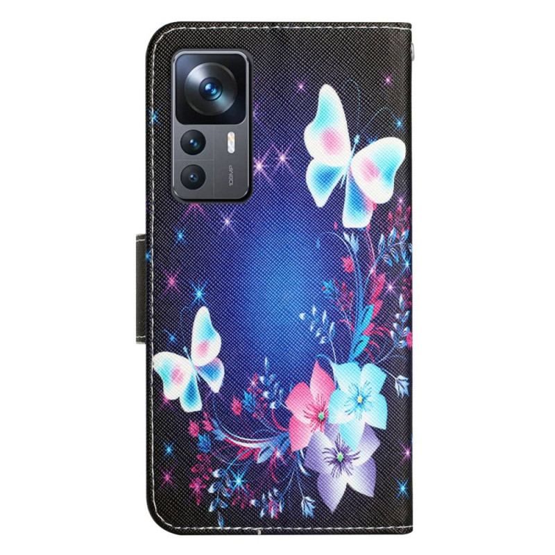 Flip Cover Xiaomi 12T / 12T Pro Lysende Sommerfugle Med Snor