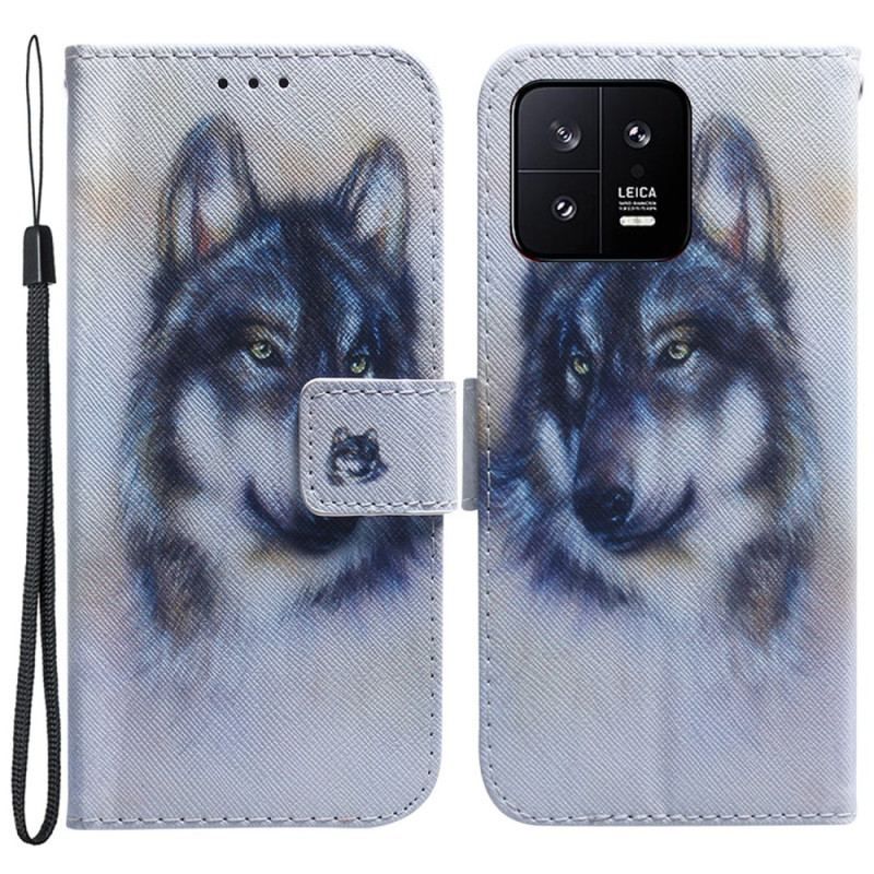 Flip Cover Xiaomi 13 Med Snor Strappy Aquarel Wolf