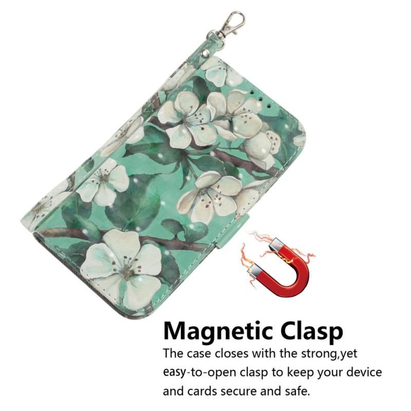 Flip Cover Xiaomi 13 Med Snor Strappy Hvide Blomster