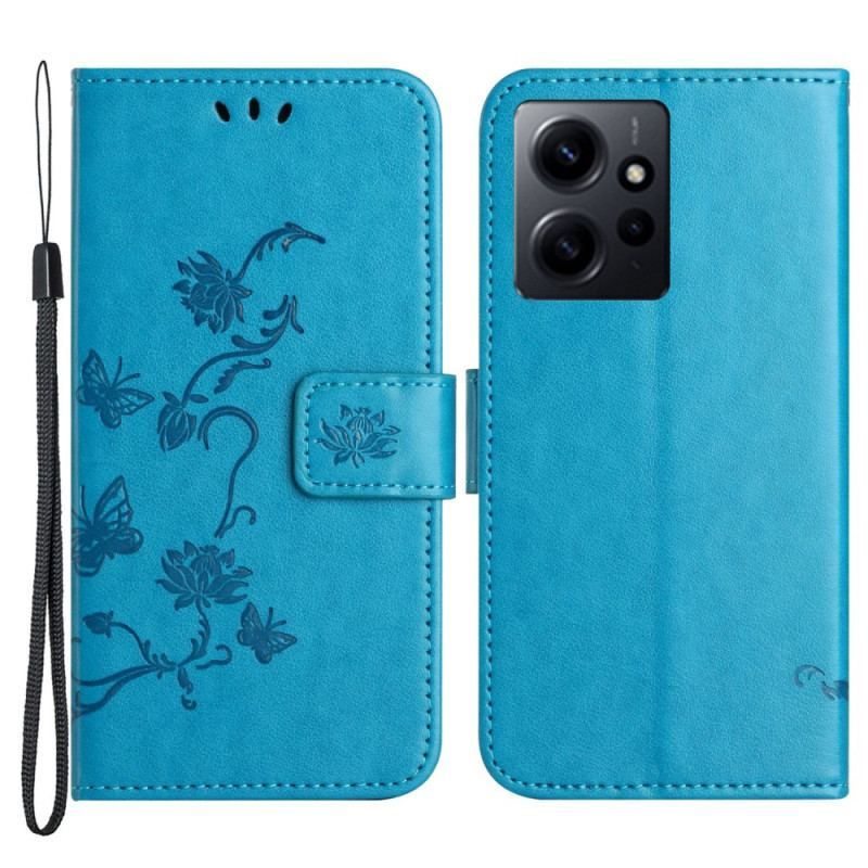 Flip Cover Xiaomi Redmi Note 12 4G Med Snor Blomster Og Sommerfugle Med Rem