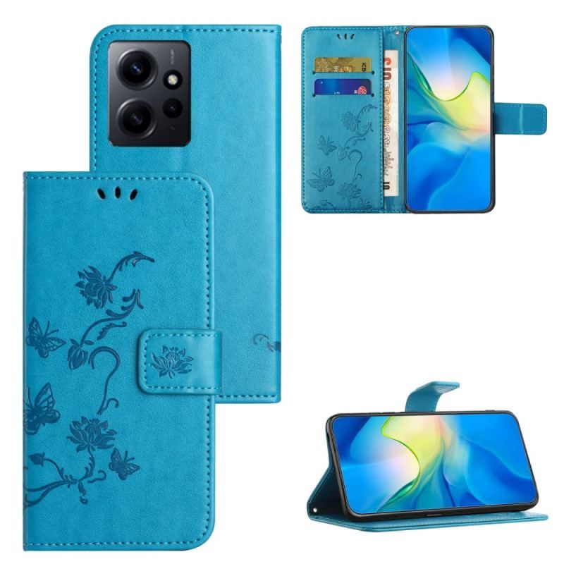 Flip Cover Xiaomi Redmi Note 12 4G Med Snor Blomster Og Sommerfugle Med Rem