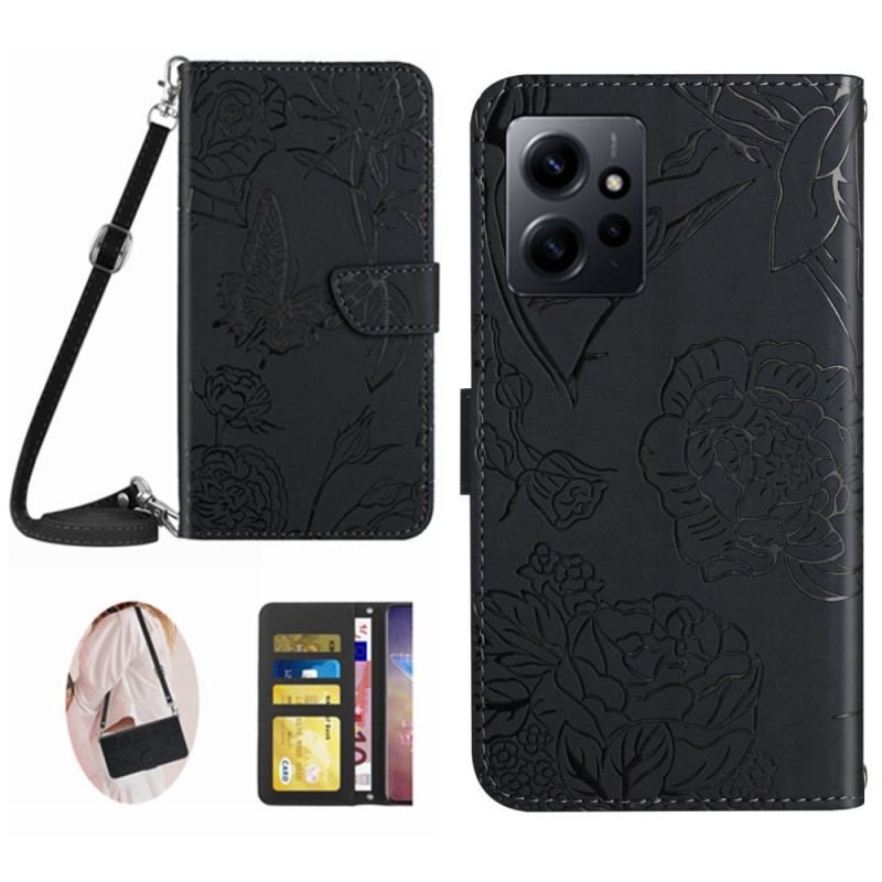 Flip Cover Xiaomi Redmi Note 12 4G Sommerfugle Og Skulderrem