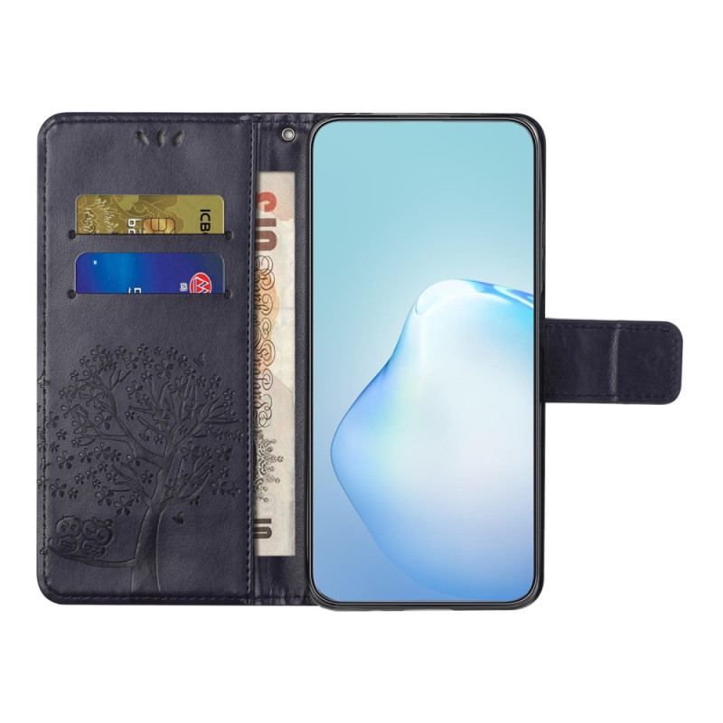 Flip Cover Xiaomi Redmi Note 12 5G Med Snor Thong Træ Og Ugler