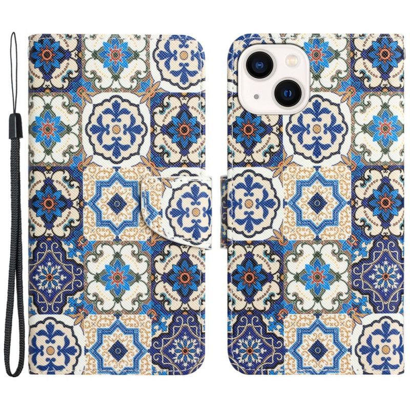 Læder Cover iPhone 15 Med Snor Blå Patchwork Med Rem