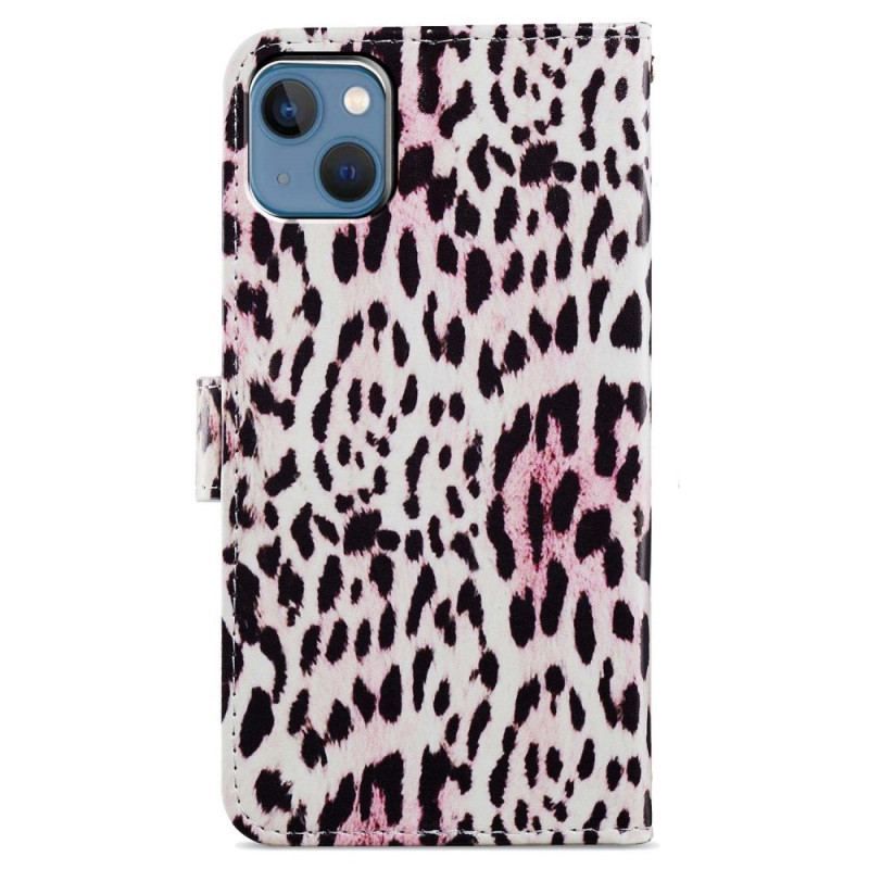 Læder Cover iPhone 15 Med Snor Leopardskinddesign Med Rem