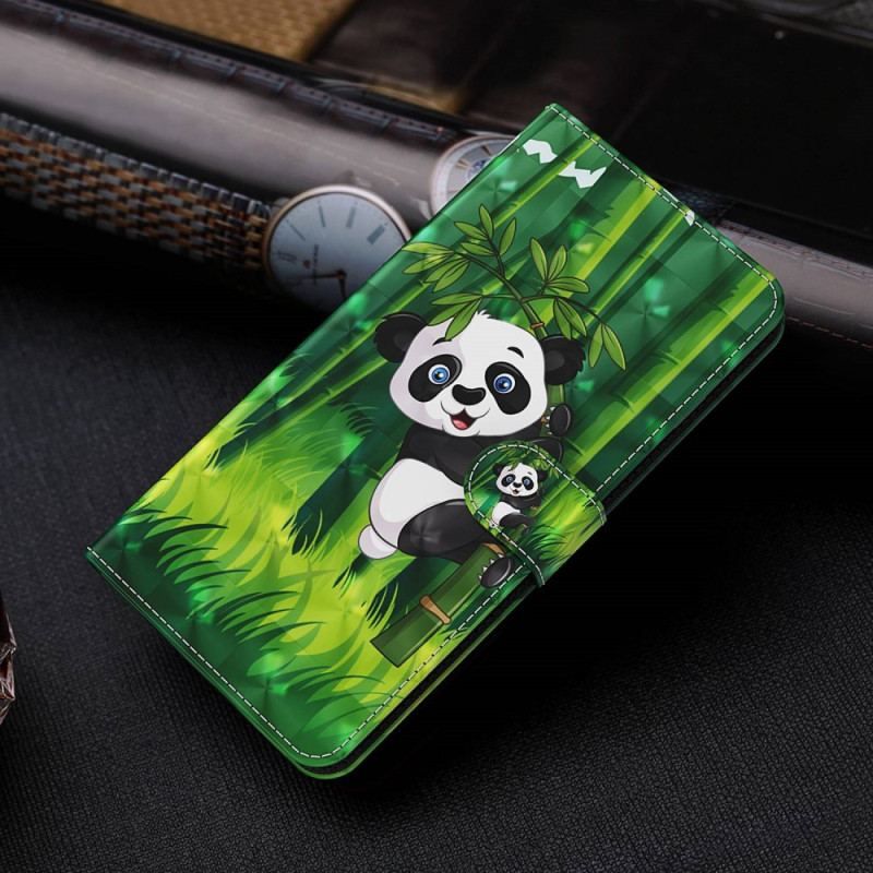 Læder Cover Moto G73 5G Med Snor Panda Og Bambus Med Snor