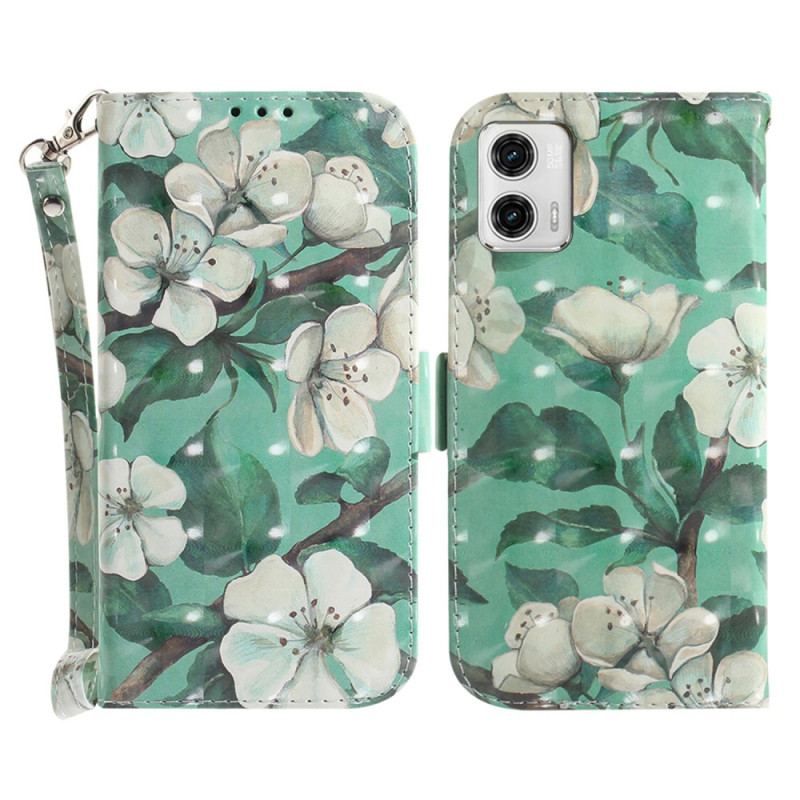 Læder Cover Moto G73 5G Med Snor Strappy Hvide Blomster