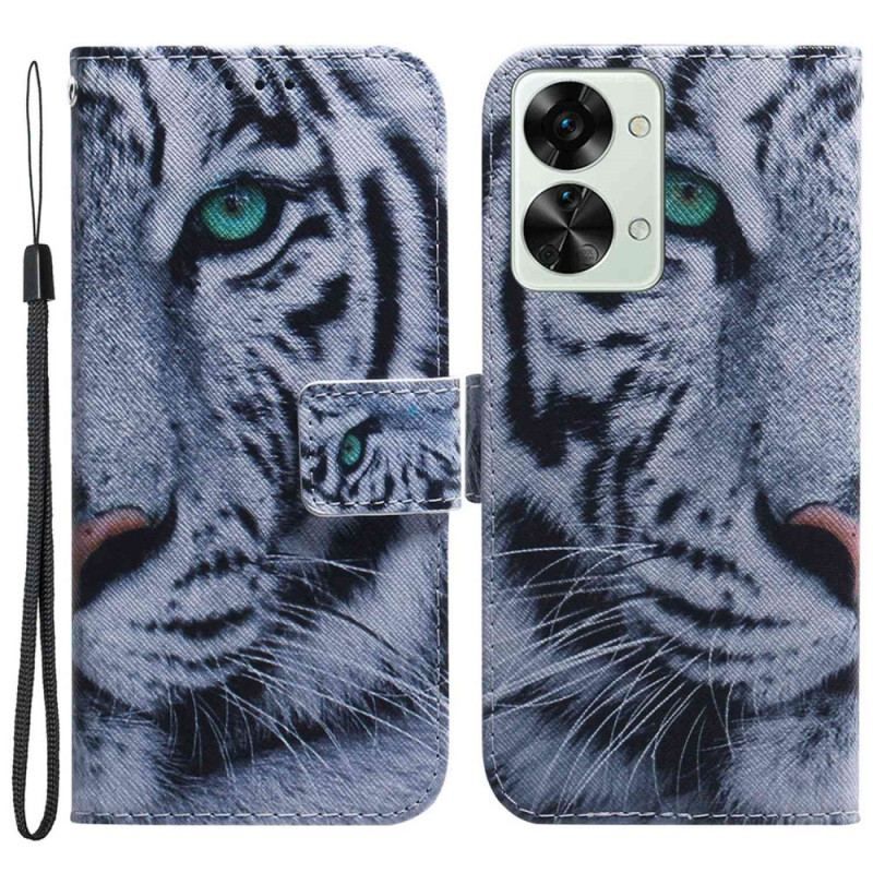 Læder Cover OnePlus Nord 2T 5G Med Snor Strappy White Tiger