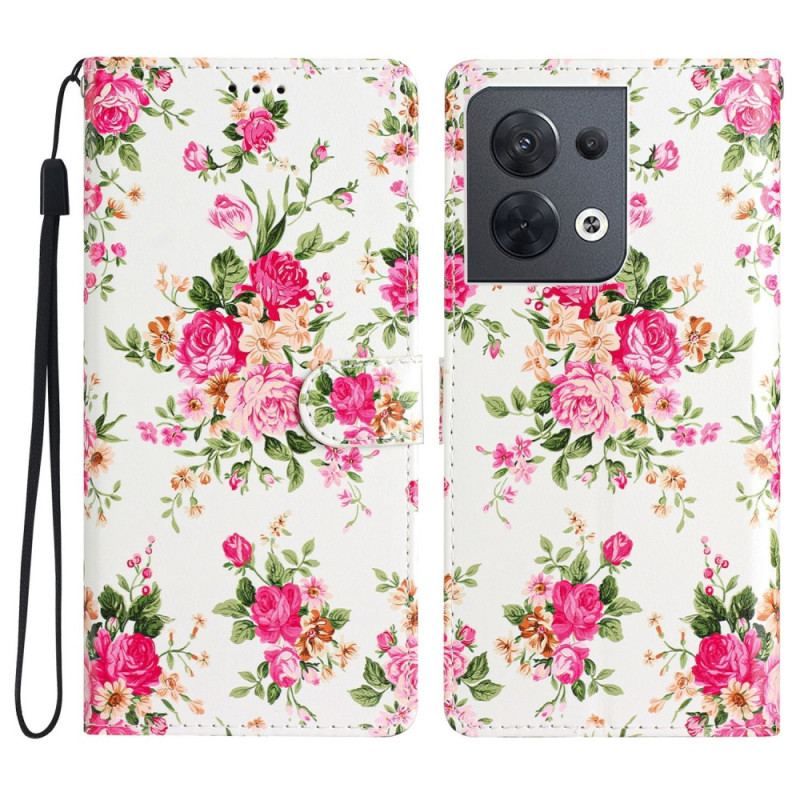 Læder Cover Oppo Reno 8 Med Snor Rem Liberty Flowers