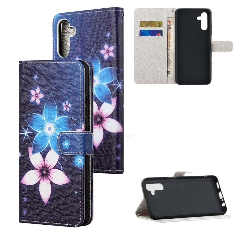 Læder Cover Samsung Galaxy A13 5G / A04s Med Snor Lunar Strap Blomster