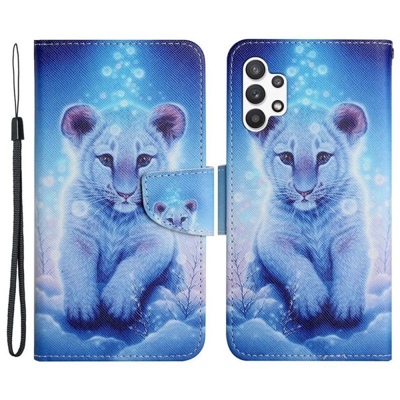 Læder Cover Samsung Galaxy A13 Hvid Tiger Med Snor