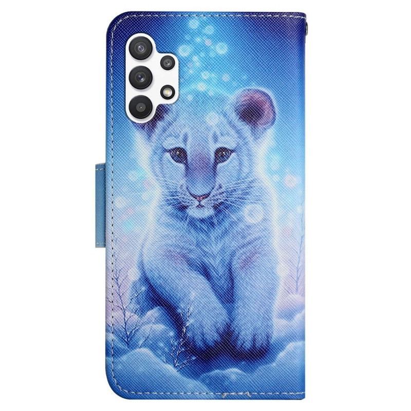 Læder Cover Samsung Galaxy A13 Hvid Tiger Med Snor