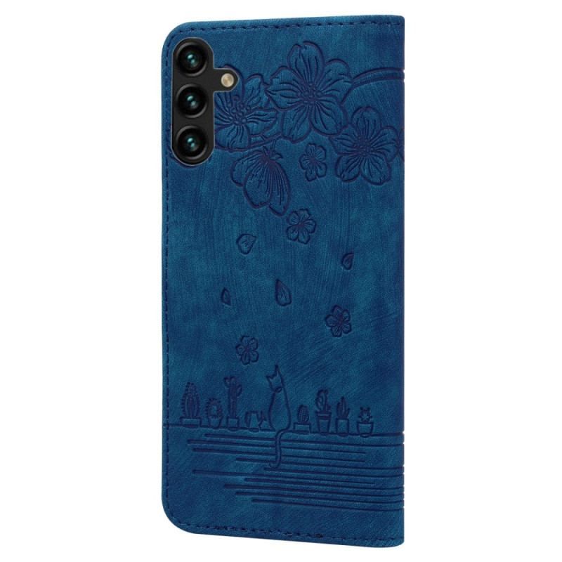 Læder Cover Samsung Galaxy A14 / A14 5G Med Snor Blomsterstreng Kat