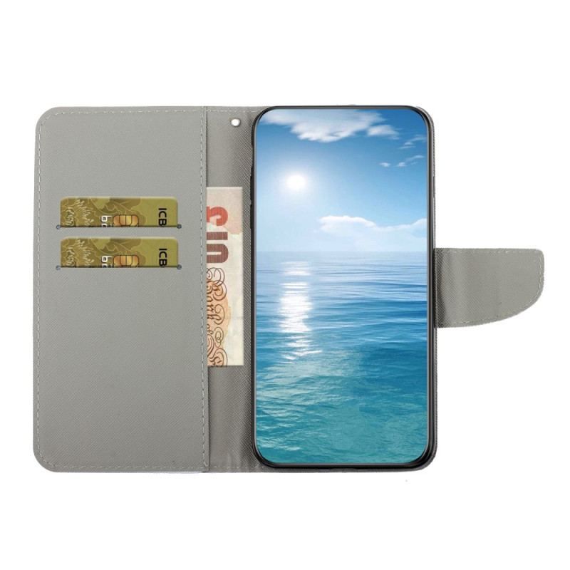 Læder Cover Samsung Galaxy A54 5G Med Snor Kat Og Sommerfugl Med Snor