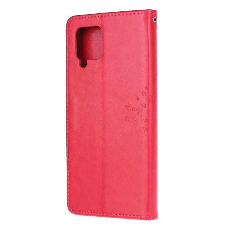 Læder Cover Samsung Galaxy M12 / A12 Med Snor Thong Træ Og Ugler