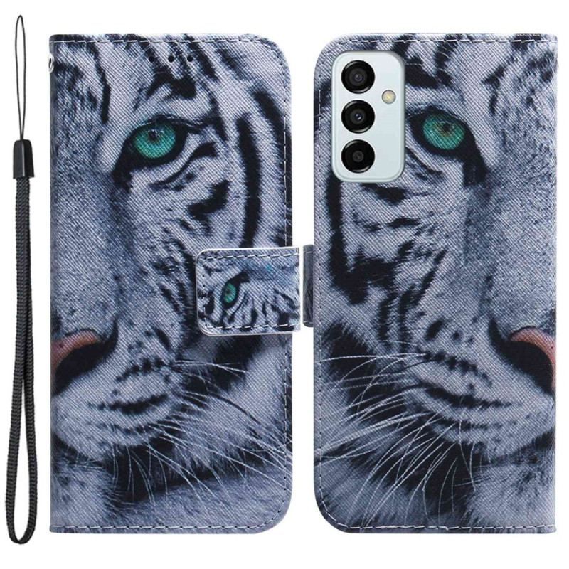 Læder Cover Samsung Galaxy M13 Med Snor Strappy White Tiger