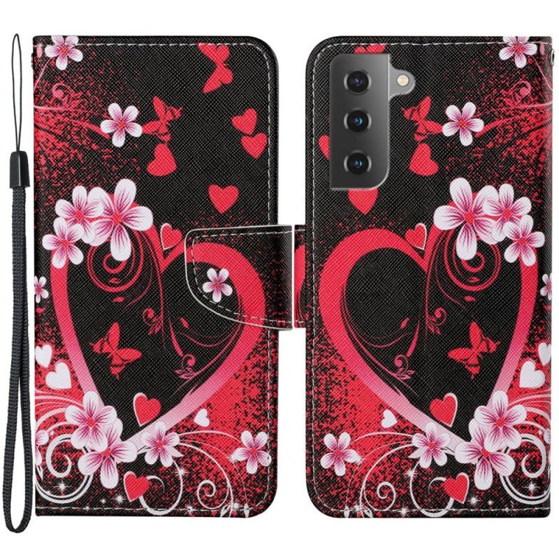 Læder Cover Samsung Galaxy S22 Plus 5G Blomster Og Hjerter Med Snor