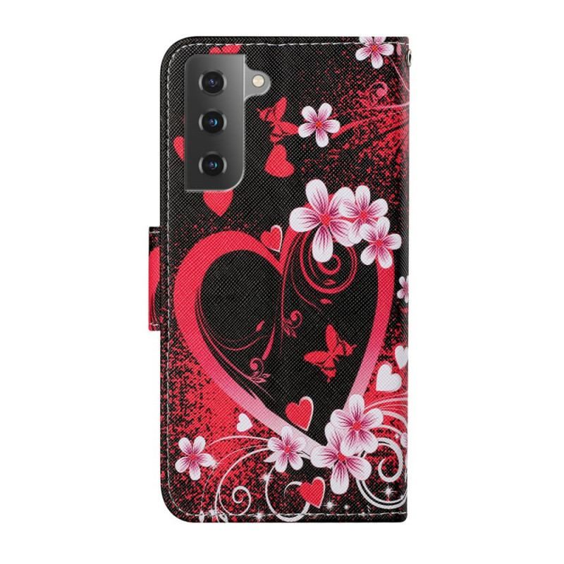 Læder Cover Samsung Galaxy S22 Plus 5G Blomster Og Hjerter Med Snor