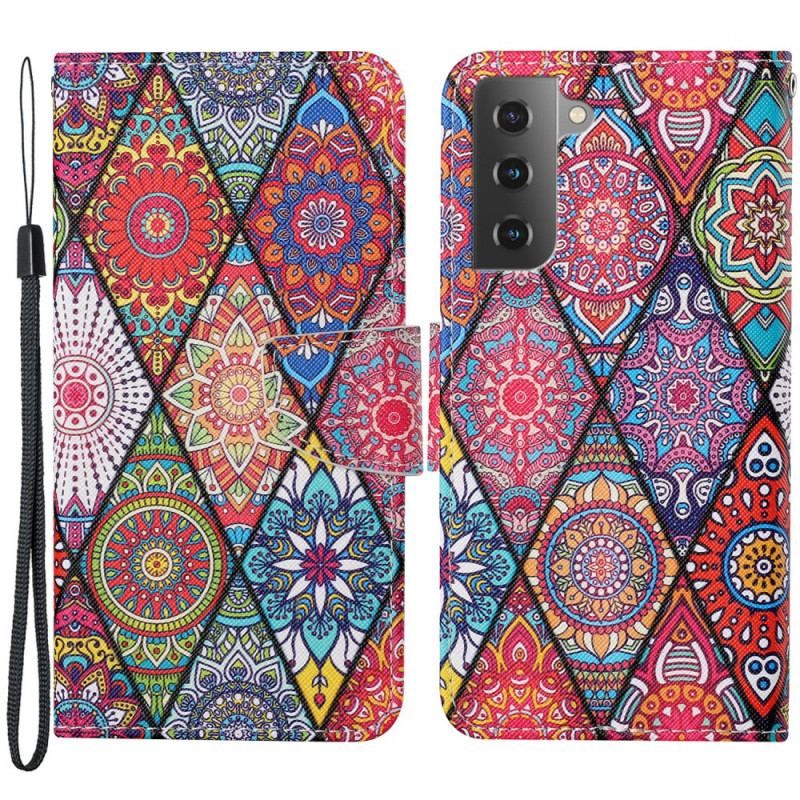 Læder Cover Samsung Galaxy S22 Plus 5G Patchwork Med Lanyard