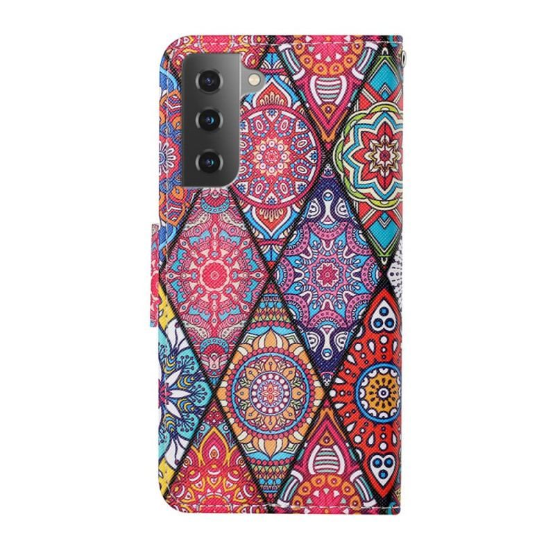 Læder Cover Samsung Galaxy S22 Plus 5G Patchwork Med Lanyard