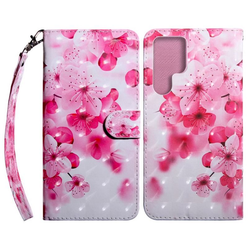 Læder Cover Samsung Galaxy S22 Ultra 5G Lyserøde Blomster