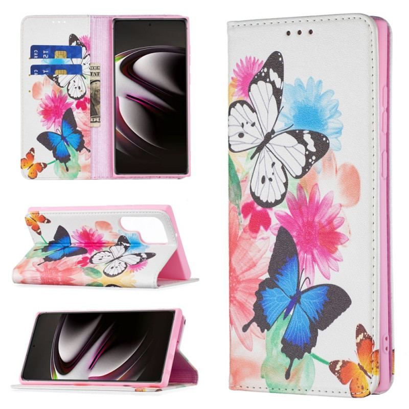 Læder Cover Samsung Galaxy S22 Ultra 5G Malede Sommerfugle Og Blomster