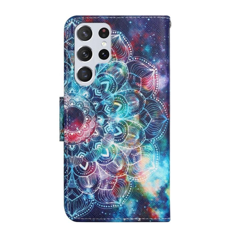 Læder Cover Samsung Galaxy S22 Ultra 5G Med Snor Prangende Halv Mandala Strappy