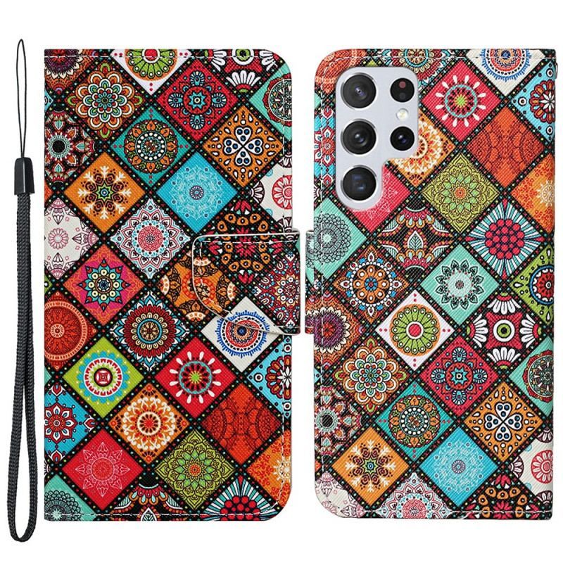 Læder Cover Samsung Galaxy S22 Ultra 5G Patchwork Mandalaer Med Snor