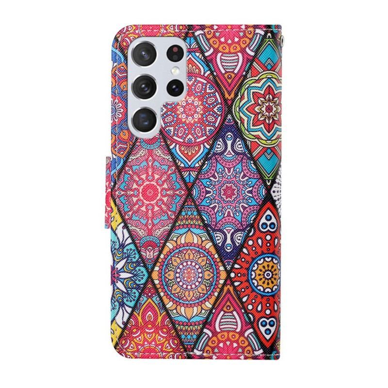 Læder Cover Samsung Galaxy S22 Ultra 5G Patchwork Med Lanyard