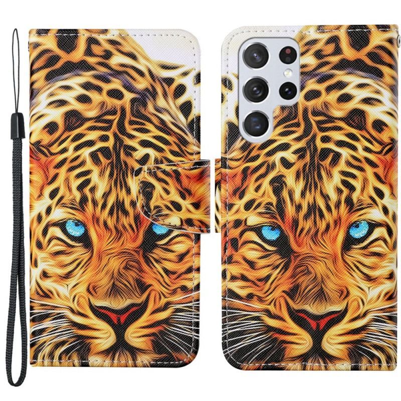 Læder Cover Samsung Galaxy S22 Ultra 5G Tiger Med Snor