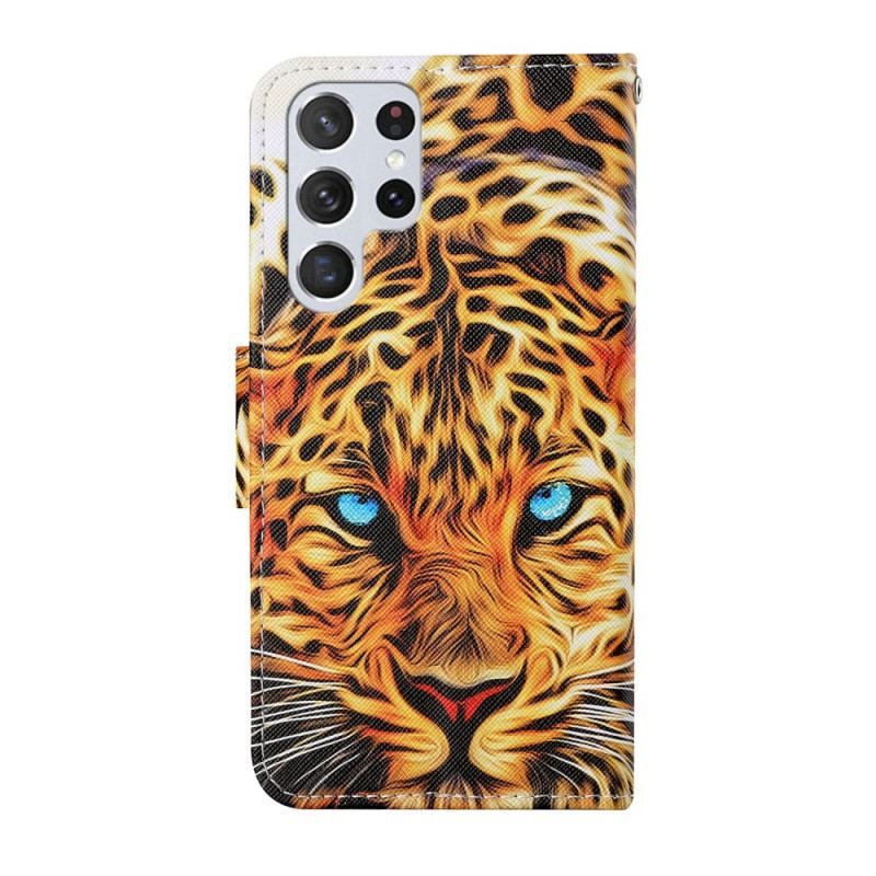 Læder Cover Samsung Galaxy S22 Ultra 5G Tiger Med Snor