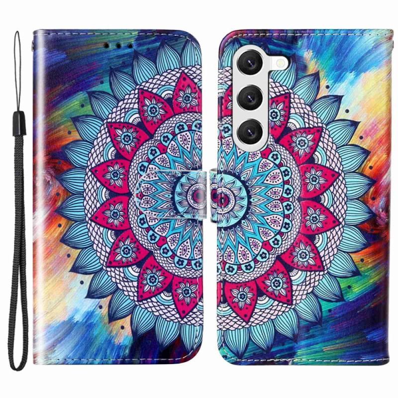 Læder Cover Samsung Galaxy S23 5G Med Snor Farverig Strappy Mandala