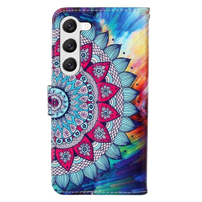 Læder Cover Samsung Galaxy S23 5G Med Snor Farverig Strappy Mandala