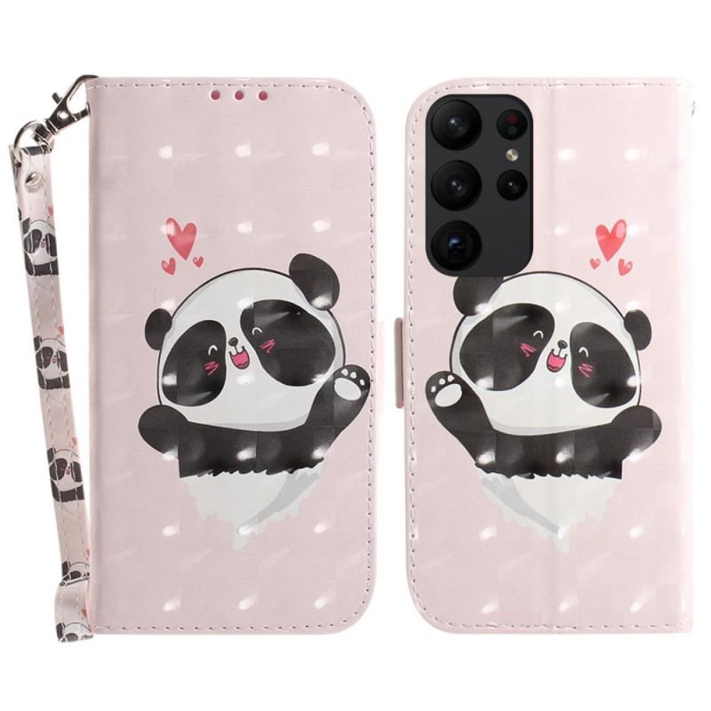 Læder Cover Samsung Galaxy S23 Ultra 5G Med Snor Lille Panda Med Rem