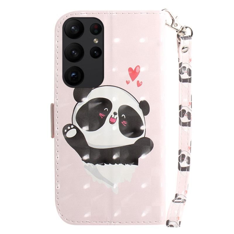 Læder Cover Samsung Galaxy S23 Ultra 5G Med Snor Lille Panda Med Rem