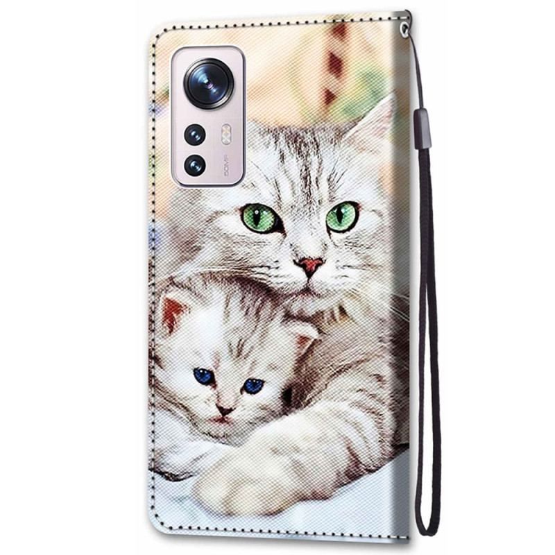 Læder Cover Xiaomi 12 / 12X Med Snor Strappy Cat Familie