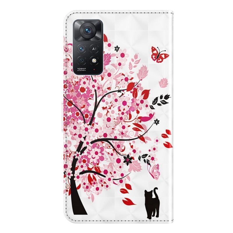 Læder Cover Xiaomi Redmi Note 11 Pro / 11 Pro 5G Pink Træ Og Sort Kat