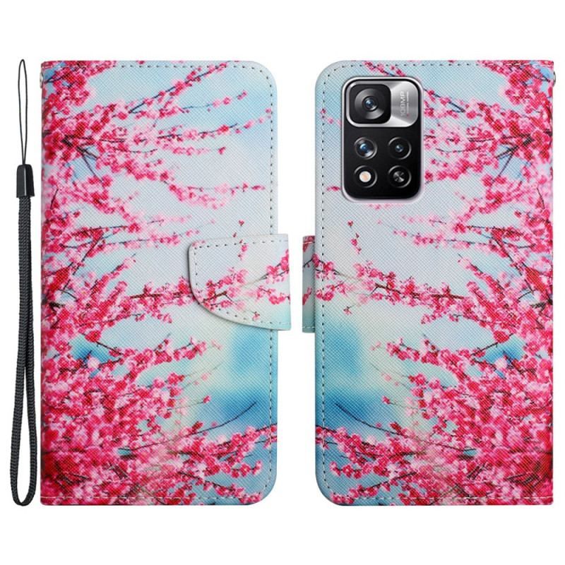 Læder Cover Xiaomi Redmi Note 11 Pro Plus 5G Med Snor Blomstrende Gren Med Rem